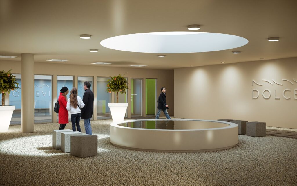 Real estate 3D rendering of the Dolce Vita entrance hall, with carpet on the floor, cream-colored walls, and natural light coming from a window in the ceiling