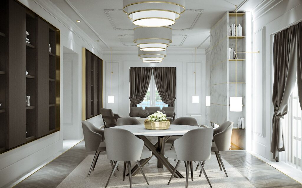 Residential 3D rendering of the Classical living Como dining room with a minimalist yet modern style, with gray chairs, a dark wood table, and natural light