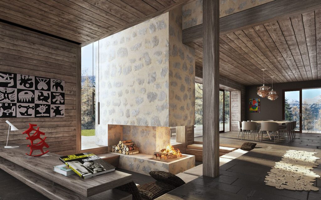 Residential 3D rendering of the living room at the Weekend house Crans with a modern fireplace and rock walls