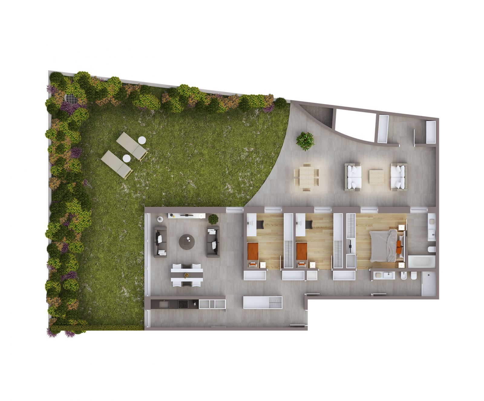 Residential 3D rendering of the Dolce Vita architectural plan showing the layout of the rooms in a ground-floor apartment with access to a garden.