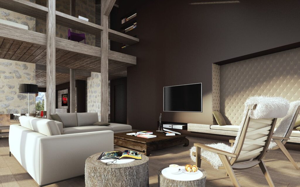 Residential 3D rendering of the modern living room at the Weekend house Crans decorated with brown walls, white furniture and wooden beams