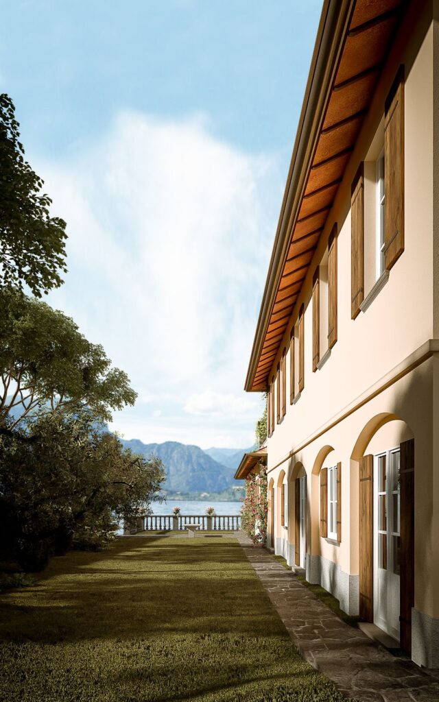 Residential 3D rendering of the Family home Como lake light pink exterior, with wooden shutters and a wonderful view