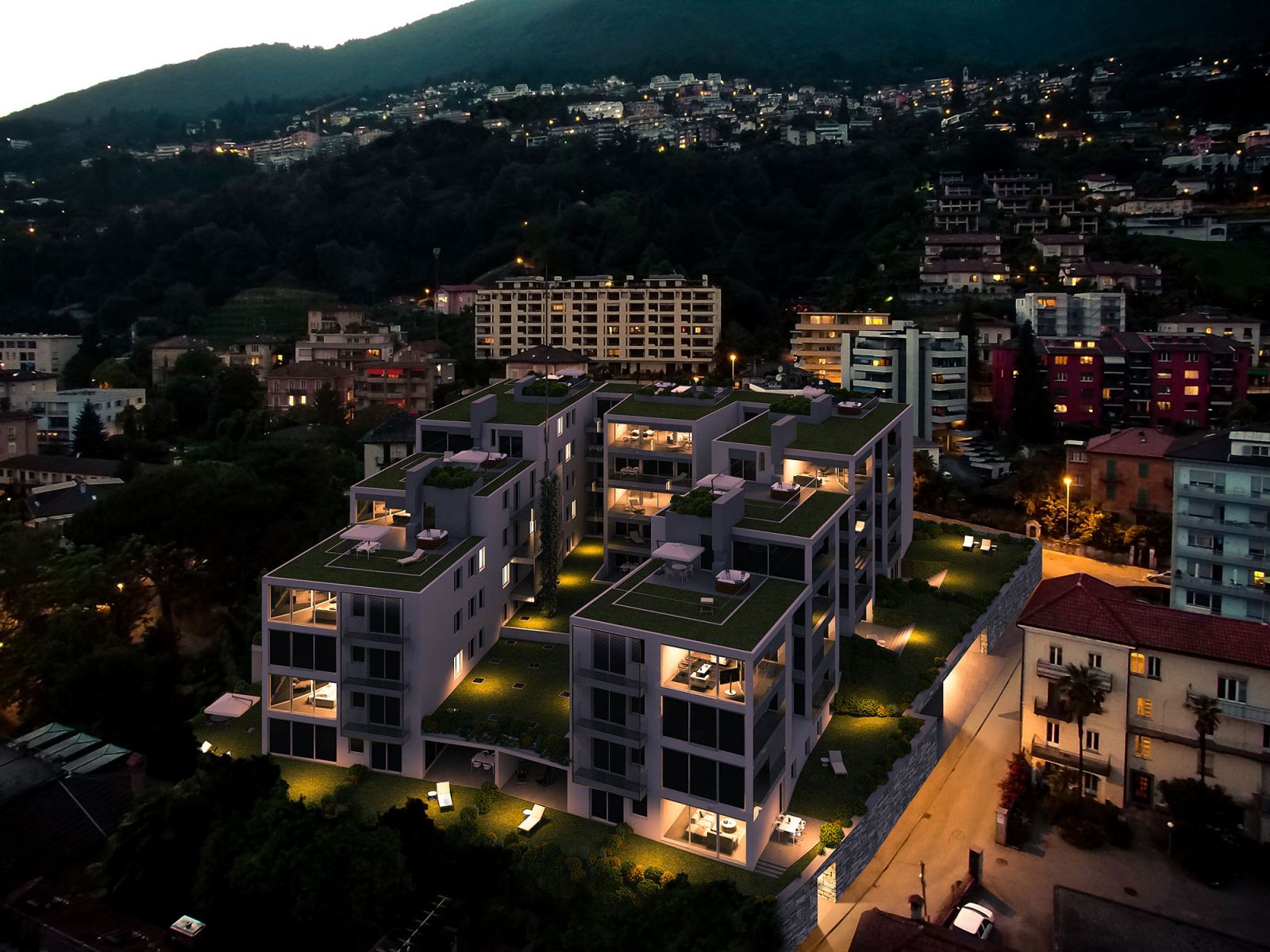 Urban 3D rendering of the Dolce Vita complete exterior view of the seven buildings at night, where you can see the good lighting they have