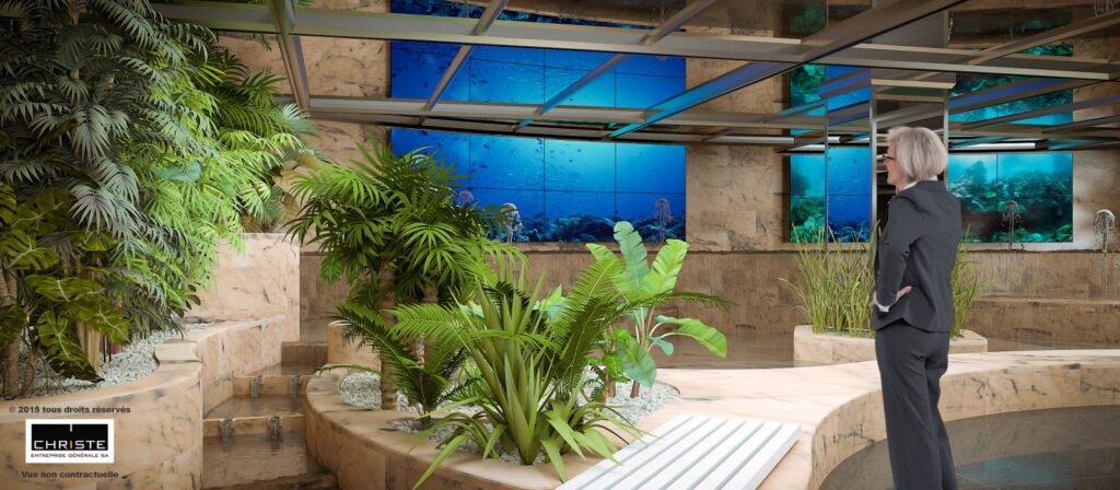 Kommerzielle 3D-Darstellung des Innenraums des World Trade Centers, einem Ort, der durch Palmen, Bäume, Farne, Philodendren und Aloen das Äußere mit dem Inneren verbindet.