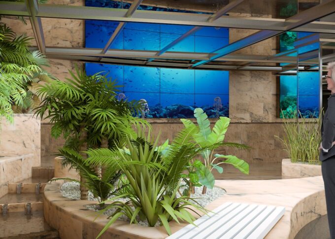 Comercial 3d rendering of the interior at the world trade center, a place that unites the outside with the inside trought palm, trees, ferns, philodendrons and aloes.