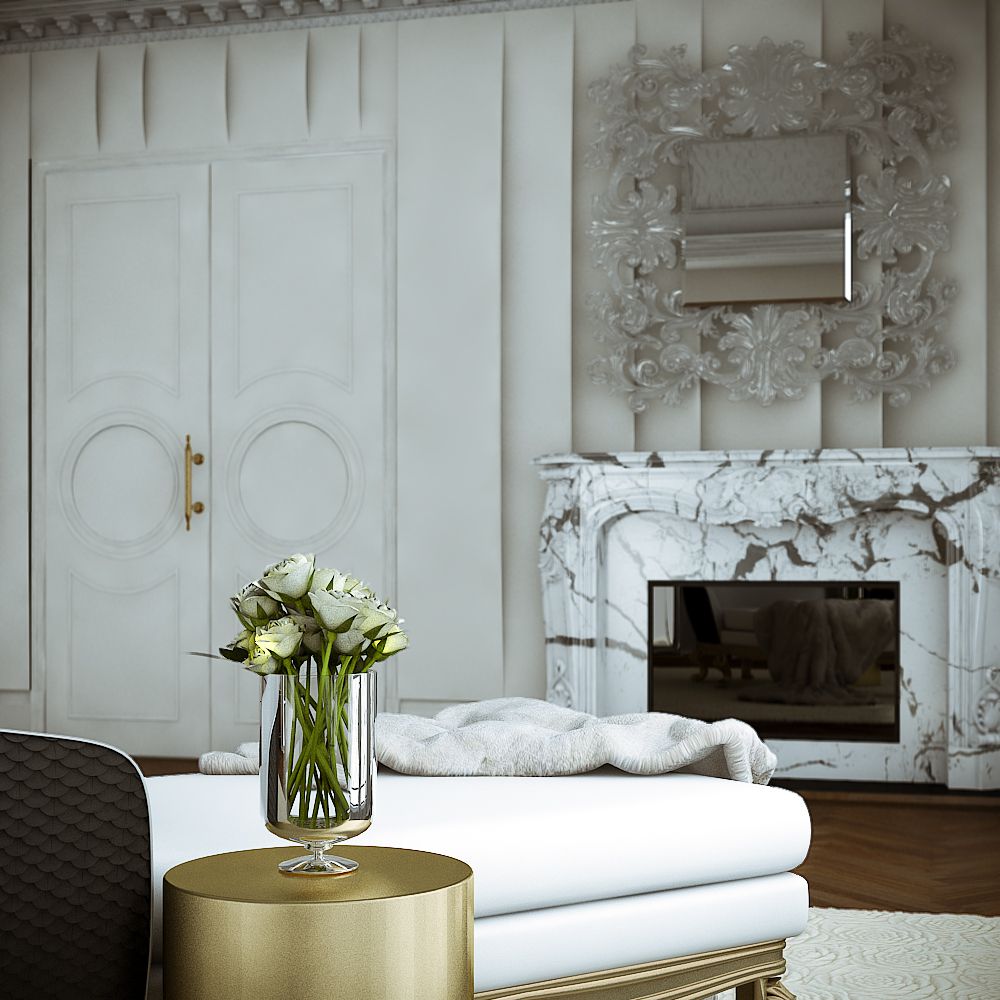 3D-Innendarstellung der modernen und eleganten Möbel von Dock Lane in den Farben Weiß und Gold