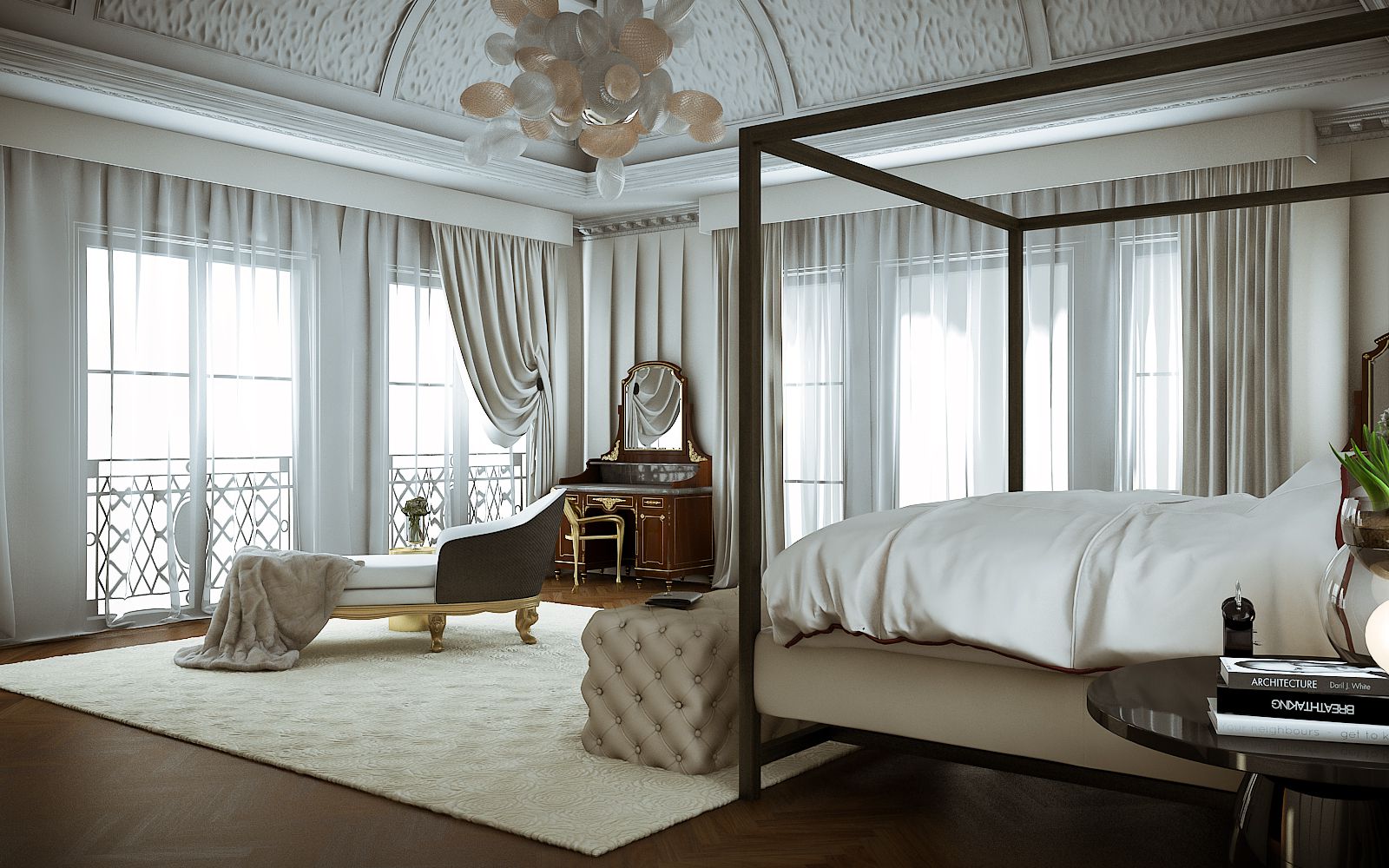 Residential 3D rendering of the Dock Lane elegant bedroom with white tones in the design and plenty of natural light thanks to the windows overlooking the external balcony