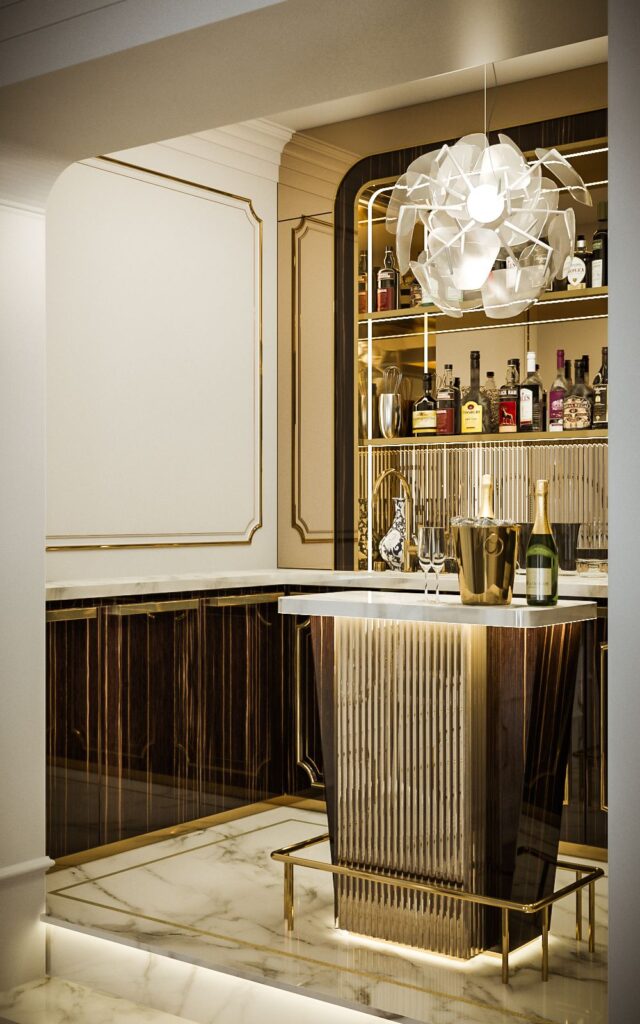 Comercial 3D rendering of the luxury Jewelry penthouse bar with marble floor decorated with refined style