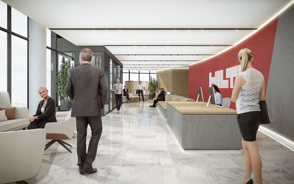 Kommerzielles 3D-Rendering der modernen und eleganten Eingangsebene der Hilti-Büros in Paris