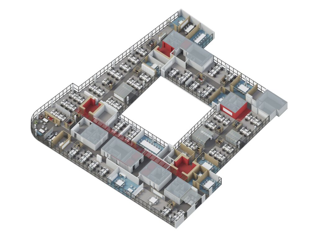 Kommerzielles 3D-Rendering des Grundrisses der Hilti-Büros in Paris mit einem neuen Konzept zur Raumnutzung