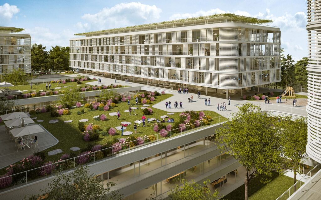 Kommerzielle 3D-Darstellung der Jardins du Nation mit verschiedenen Bereichen, Büros und Häusern in Genf