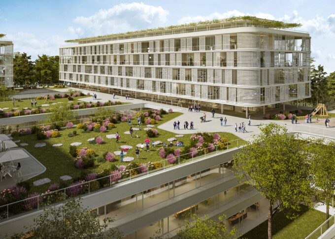 Comercial 3D rendering of the Jardins du Nation with different areas, offices and houses, in Geneva