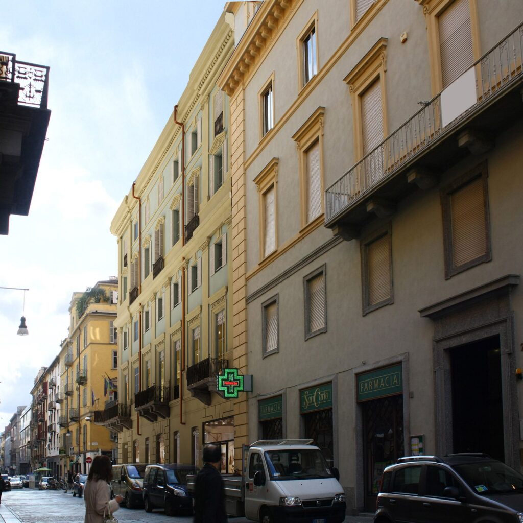Kommerzielle 3D-Darstellung des neoklassizistischen Gebäudes Lagrange 12 in Turin mit einem Geschäft im Erdgeschoss
