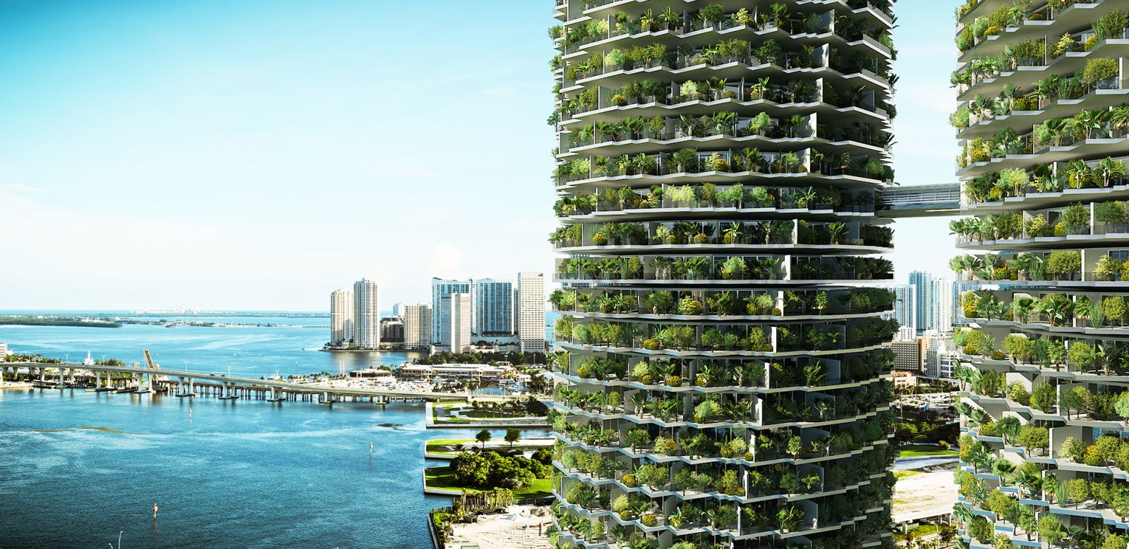 Comercial 3D rendering of the Rotating towers with hanging gardens, these are connected to each other