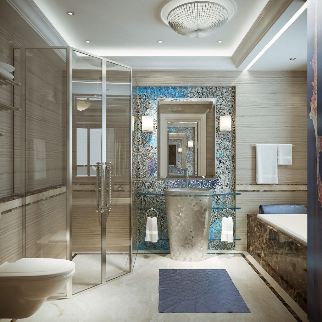 Commercial 3D rendering of the Hotel Tel Aviv bathroom with shower and bathtub and a wall with blue decorations that shine