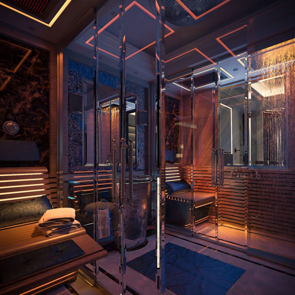 Commercial 3D rendering of the Hotel Tel Aviv bathroom with sauna included, luxurious glass doors and warm blue and red lights