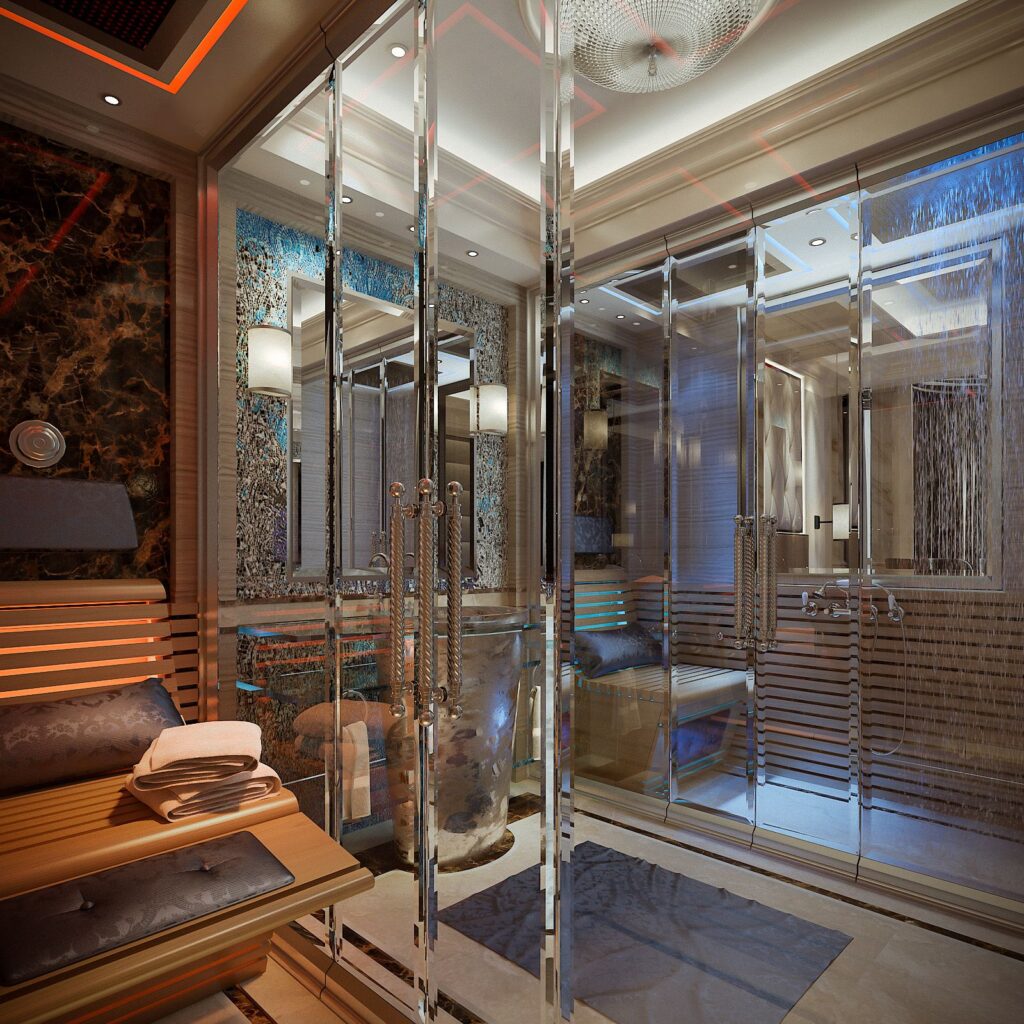 Commercial 3D rendering of the Hotel Tel Aviv bathroom with sauna included and luxurious glass doors