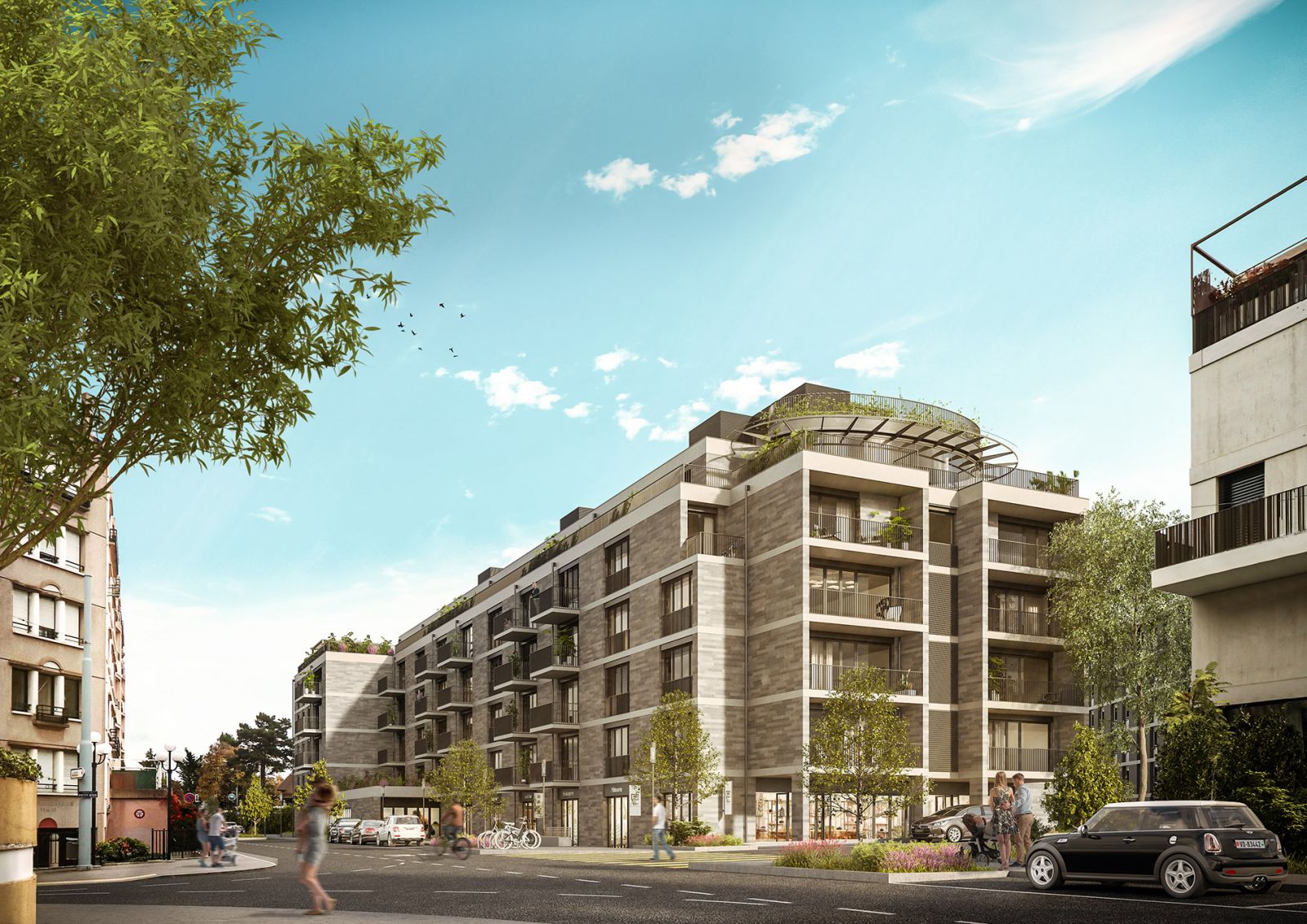 Commercial 3D rendering of the Multi Family house exterior facing the street, designed with many balconies and windows for lighting