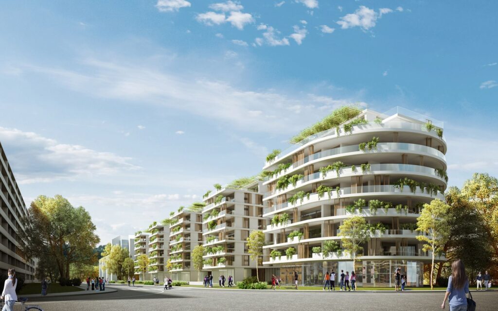 Commercial 3D rendering of the Axa competition buildings with balconies that go around the building and decorative plants