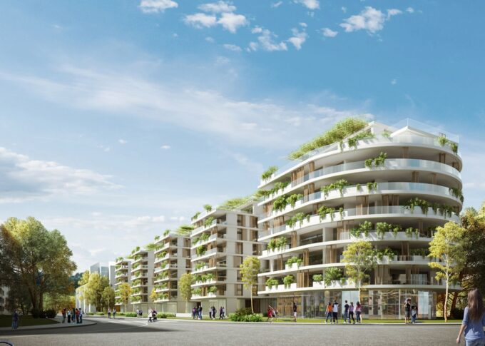 Commercial 3D rendering of the Axa competition buildings with balconies that go around the building and decorative plants