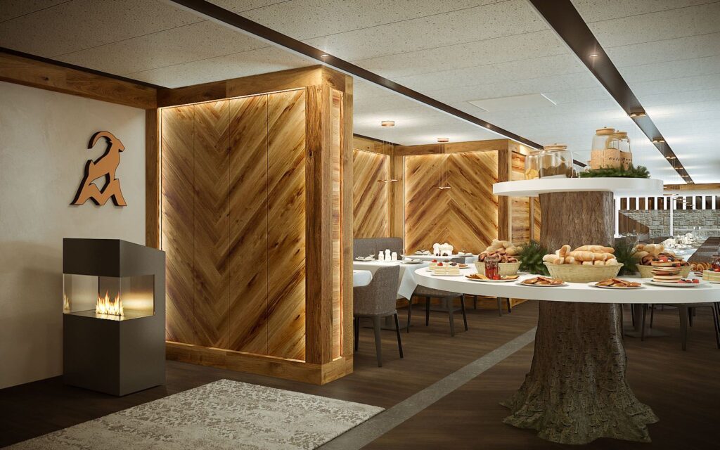 Commercial 3D rendering of the Hotel Massif cafeteria with white and wooden walls and natural decorations