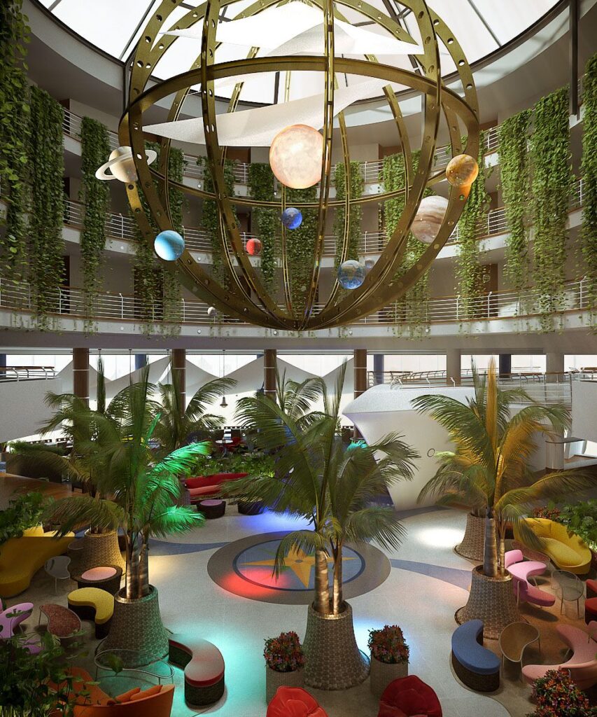 Commercial 3D rendering of the Hotel Eilat center hall decorated with planets on the lamp which reflect colored lights when the sun hits them
