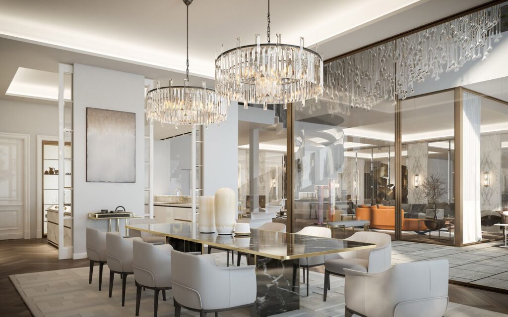 Kommerzielle 3D-Darstellung des Speisesaals eines Fünf-Sterne-Hotels mit Glaswänden und eleganten weißen Möbeln