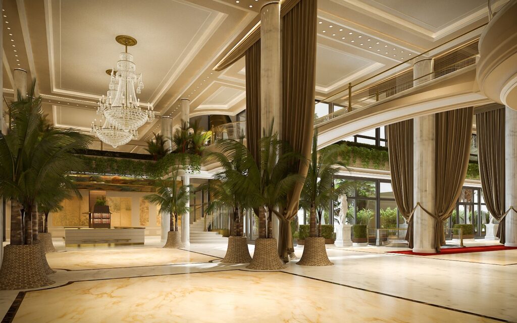 Commercial 3D rendering of the Hotel Tel Aviv luxurious entrance with plants, cream colors in the furniture and walls, and lots of light