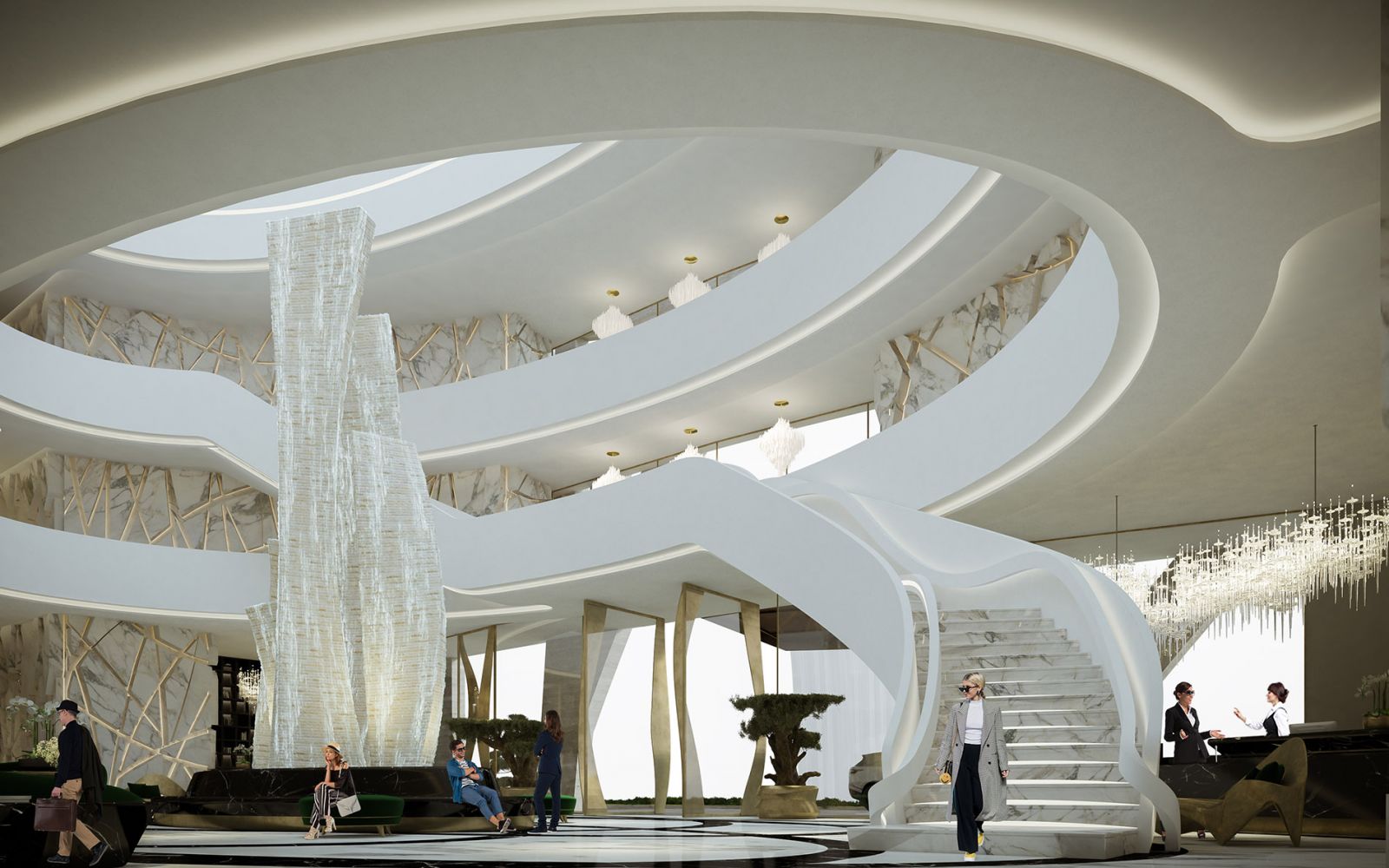 Commercial 3D rendering of the Five stars hotel luxury entrance with white and marble walls that have gold details