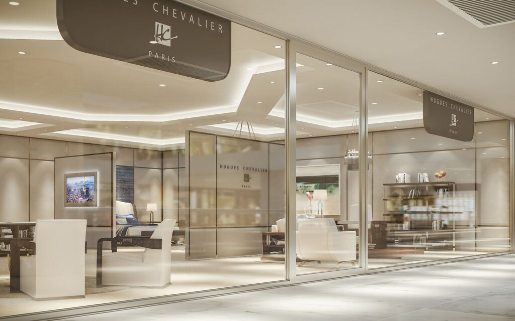 Commercial 3D rendering of the Hugues Chevalier China store entrance with glass walls and very good lighting inside