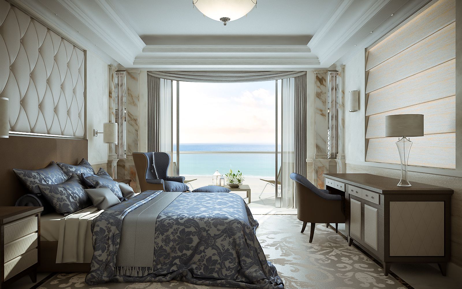 Commercial 3D rendering of the Hotel Tel Aviv bedroom with marble columns, textured walls, and luxurious blue quilting that stands out in the room