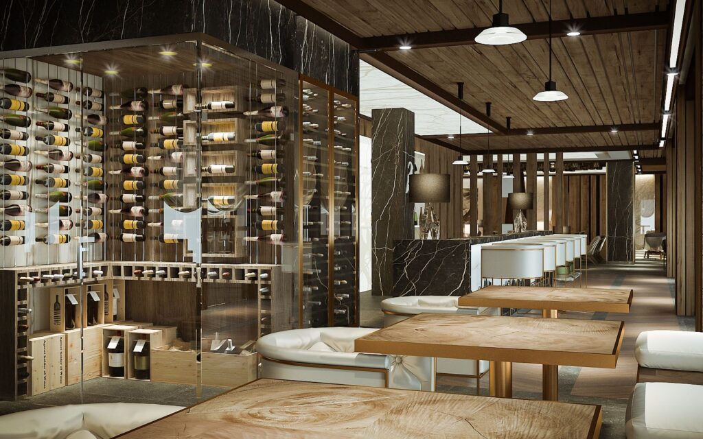 Commercial 3D rendering of the restaurant at the Hotel Massif decorated with dark wood, marble, white furniture and a place to store wines