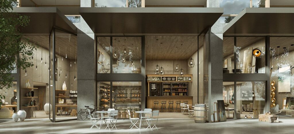 Commercial 3D rendering of the Schiffenen housing restaurant and premises, with wooden decorations, metal outdoor furniture and large windows