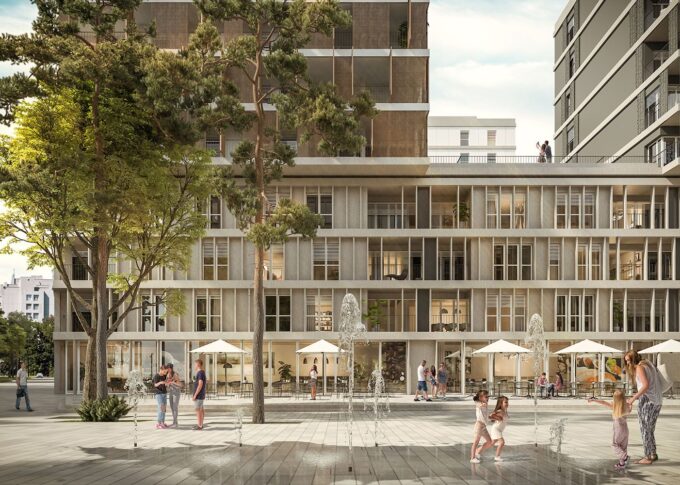 Commercial 3D rendering of the Quartier de l'Etang exterior with shops at the bottom of the building and fountains a few meters away