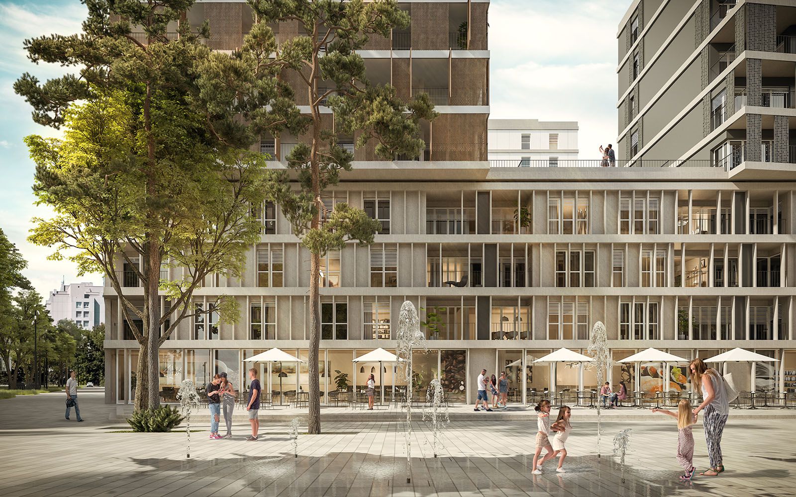 Commercial 3D rendering of the Quartier de l'Etang exterior with shops at the bottom of the building and fountains a few meters away