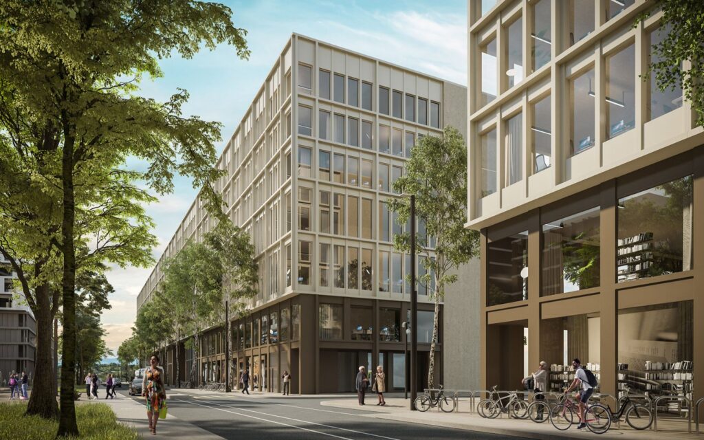 Commercial 3D rendering of the Quartier de l'Etang designed with premises on the ground floor and direct access to the street