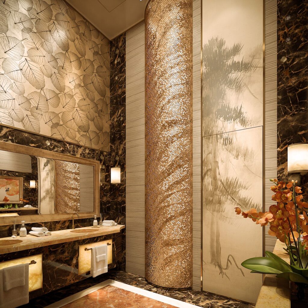 Kommerzielles 3D-Rendering der luxuriösen Toilette des Hotels Tel Aviv mit hohen Decken, Pflanzen und warmer Beleuchtung