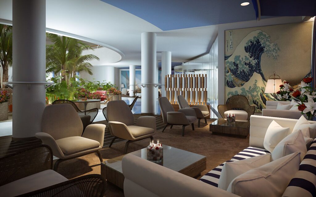 Commercial 3D rendering of the Hotel Eilat rest area which is decorated with warm lights and drawings on the walls