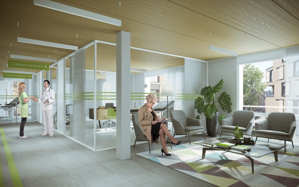 Commercial 3D rendering of the Portes de Bull Housing medical office floors and their waiting rooms with plenty of natural light