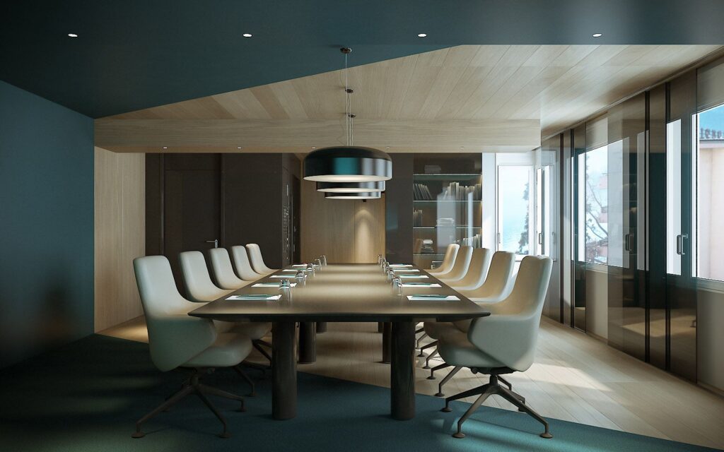 Commercial 3D rendering of the Central Park offices designed with carpet and wood on the floor and a long table