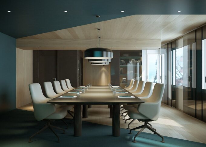 Commercial 3D rendering of the Central Park offices designed with carpet and wood on the floor and a long table