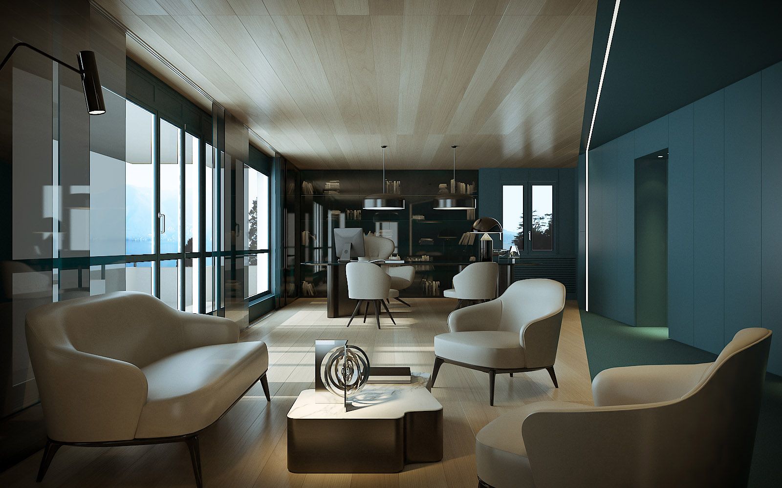 Commercial 3D rendering of the Central Park offices with wooden floors, white upholstered furniture and windows