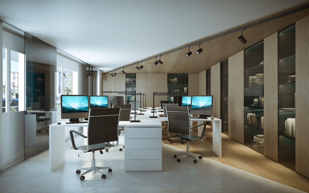 Commercial 3D rendering of the Central Park offices designed with white furniture and wooden floors