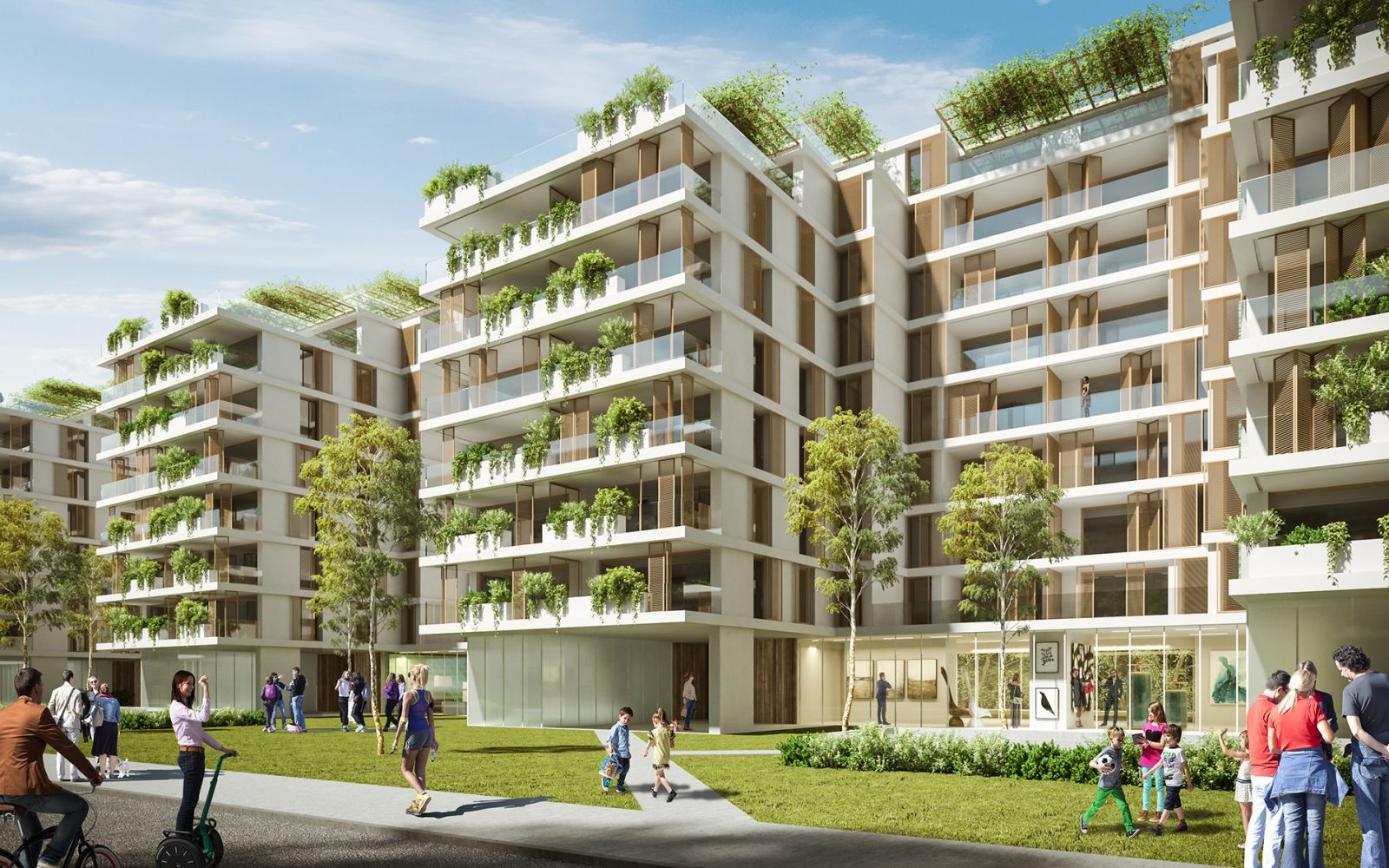 Exterior 3D rendering of the Axa competition buildings with glass finishes, painted white and plants to decorate