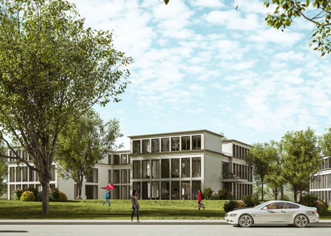 Exterior 3D rendering of the Multi Family and park buildings with large windows and moderate colors of stone in the front facing the street