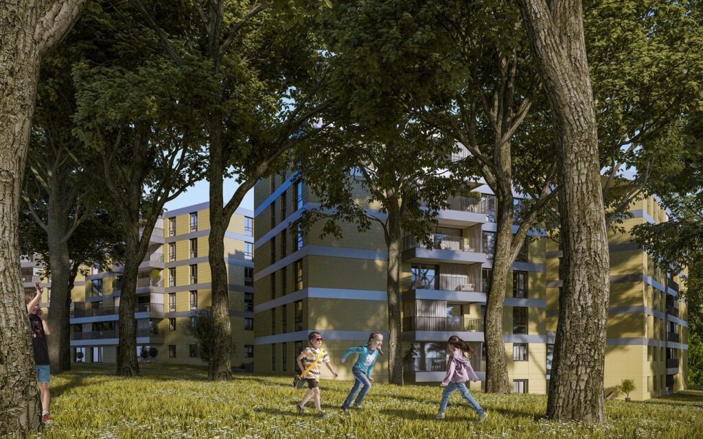 Exterior 3D rendering of the condominiums with a park where vegetation takes over for the IAA competition