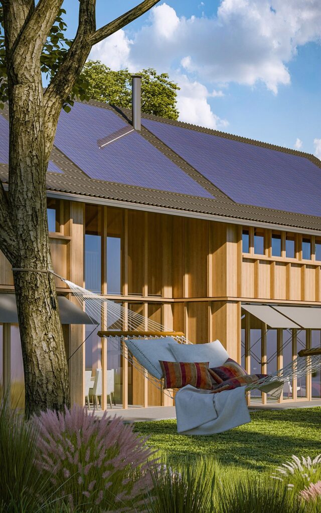 Exterior 3D rendering of the energy-saving Farmhouse. Hammock in the yard.