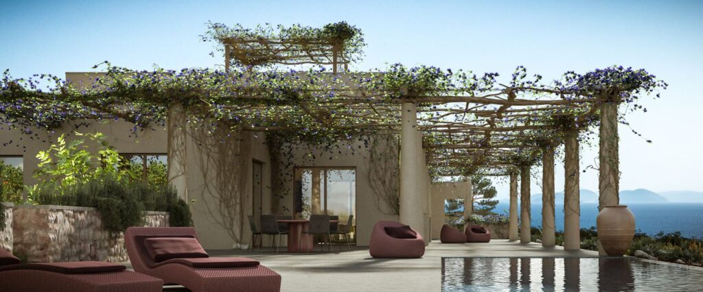 Exterior 3D rendering of the Lefkada Houses patio where you can see the view and the pool that has colorful outdoor armchairs