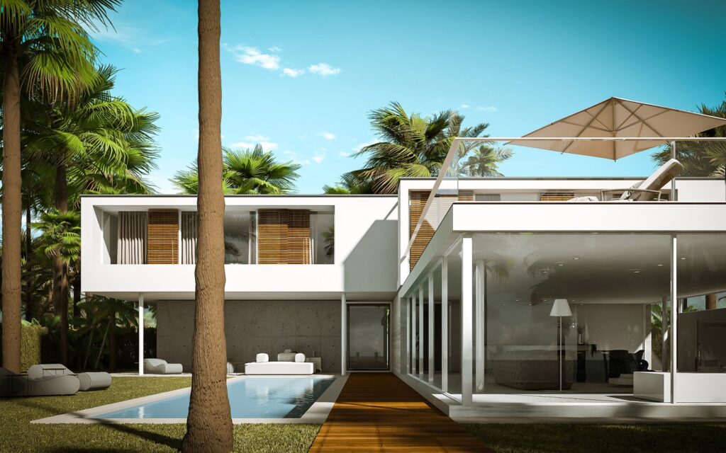 Exterior 3D rendering of the luxury miami family home with a lot of windows where natural light enters