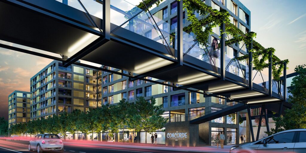 3D-Außendarstellung der Metall- und Glasbrücke, die mit dem Concord-Gehäuse verbunden ist